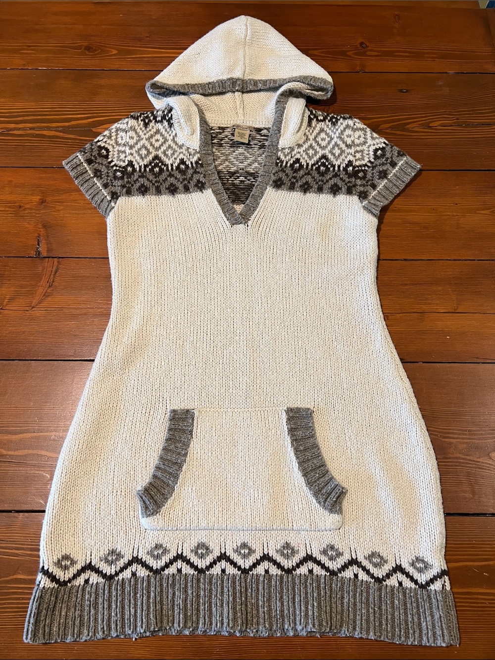 Ruff Hewn - Cream Gray Knit Hooded Short Sleeve Sweater Dress - Size Med